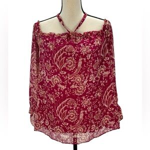 INC Long Sheer Sleeve Cold Shoulder Batik Scene Blouse - Maroon Red Cream - Med